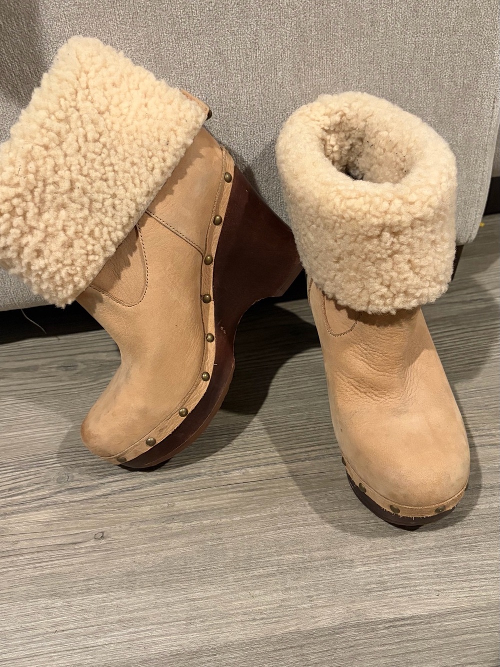 UGG Tan Suede Shearling Cuff Clog Boots